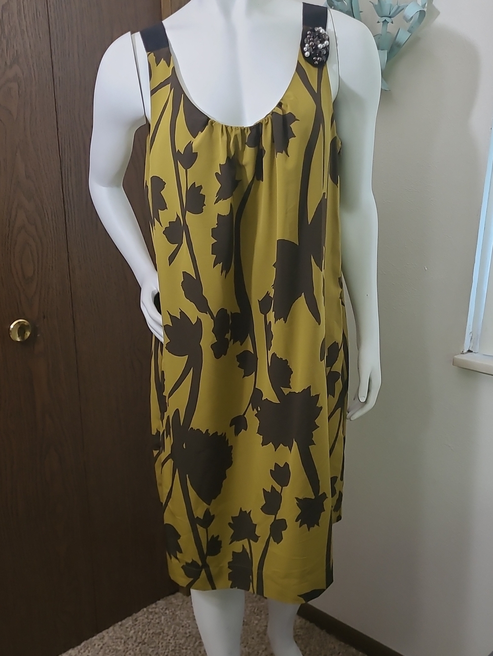 Vera Wang Mustard Shift Dress with Chocolate Floral Print